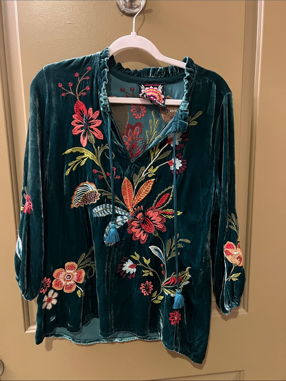 Johnny Was Deep Teal Velvet Tunic with Multicolor Floral Embroidery